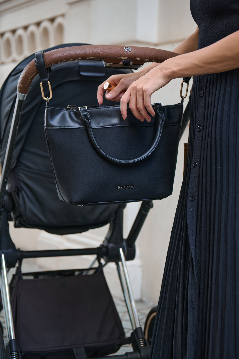 Black neoprene pram caddy crossbody tote bag with handle and adjustable strap