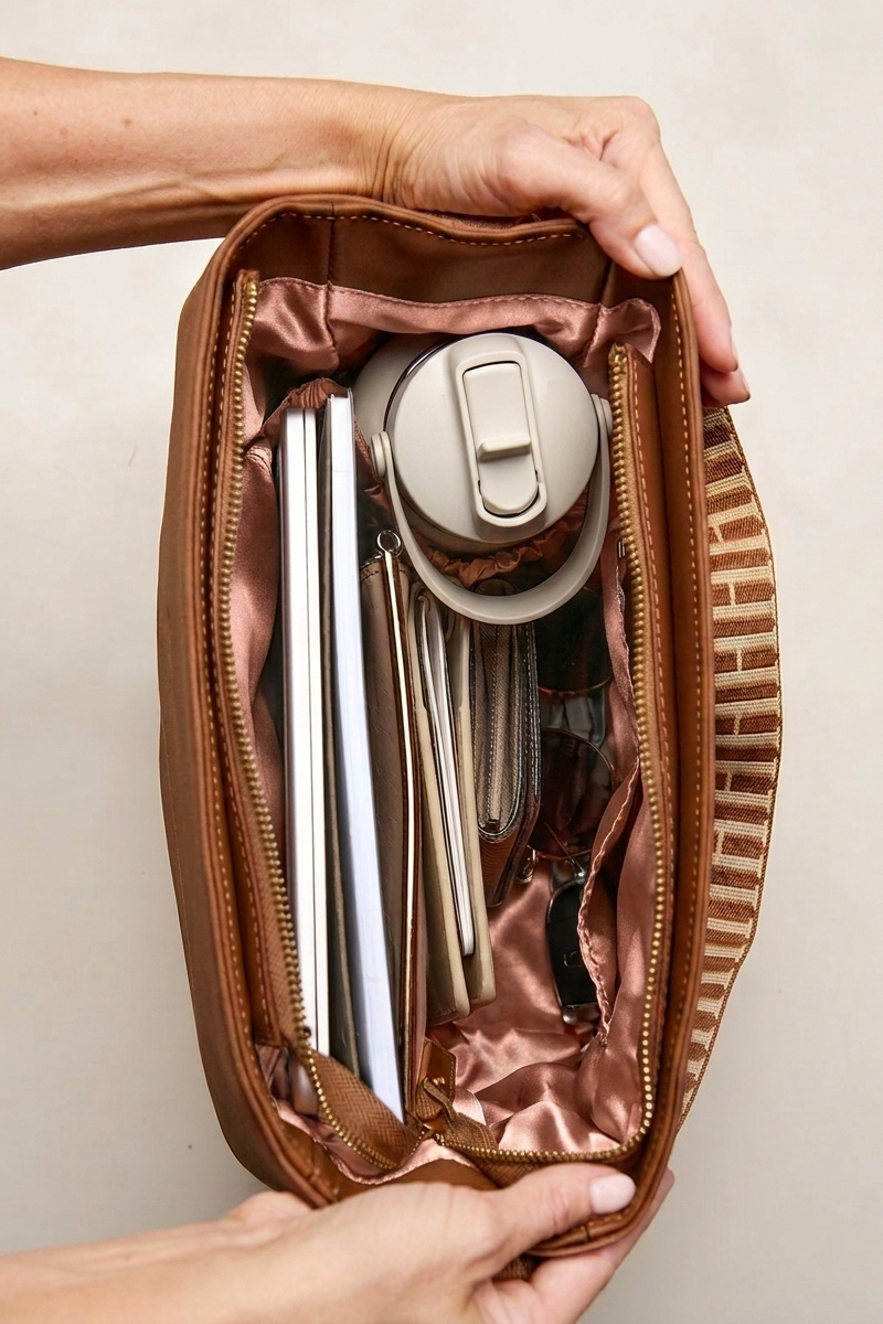 Cognac bag with travel essentials including a bottle and laptop on a neutral background