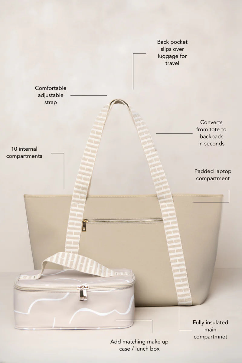 Taupe cream carry all convertible tote backpack bag in neoprene XL with adjustable straps