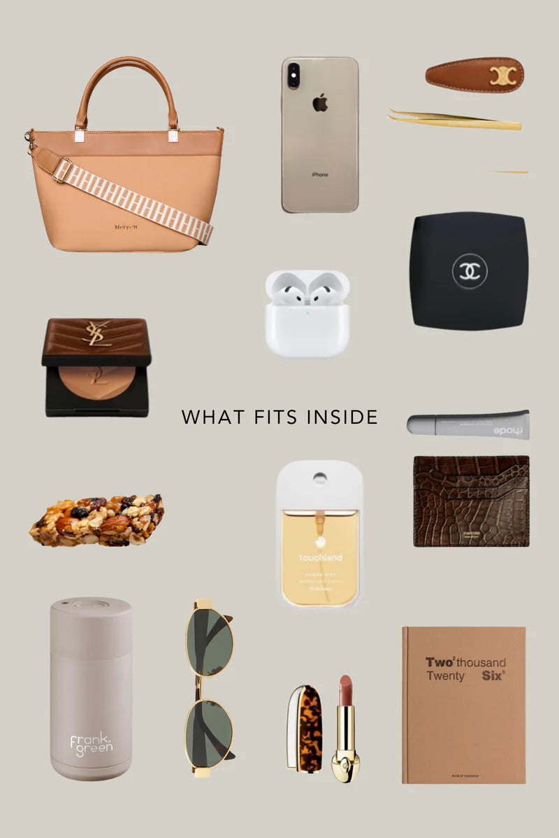 Tan bag with what fits inside