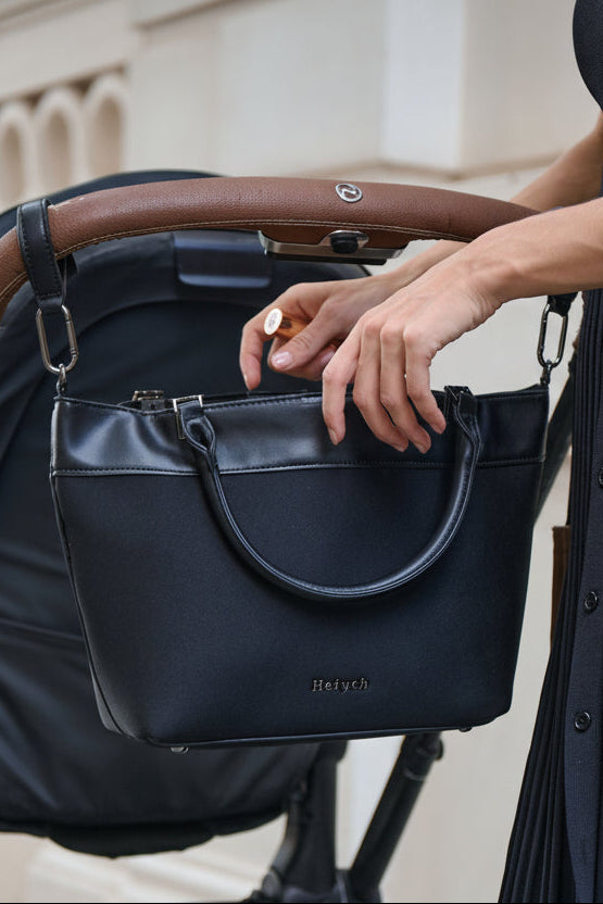 Black neoprene pram caddy crossbody tote bag with handle and adjustable strap 