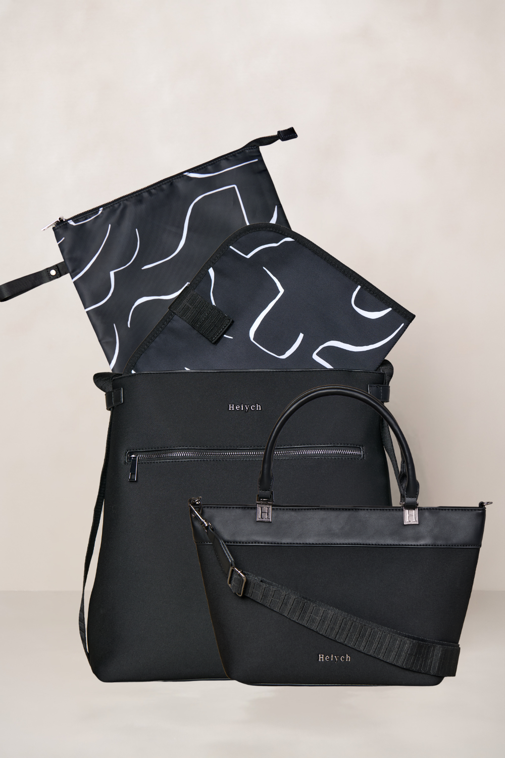 Black bags with white patterns on a light background