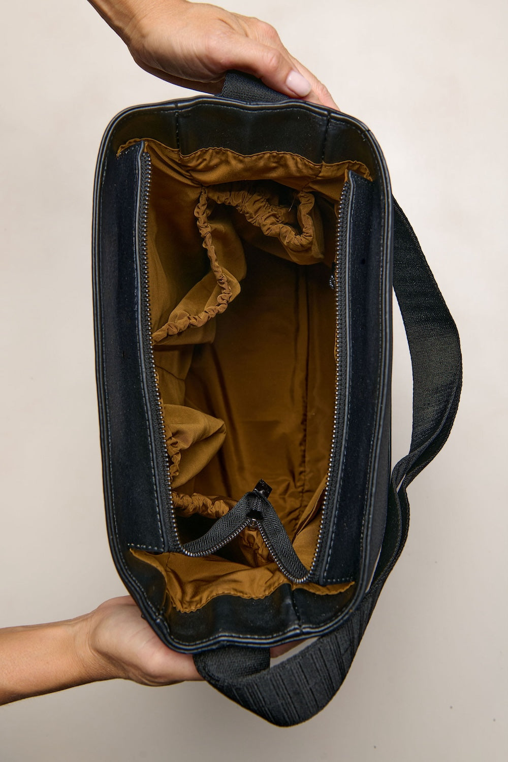 Black convertible tote inside pockets