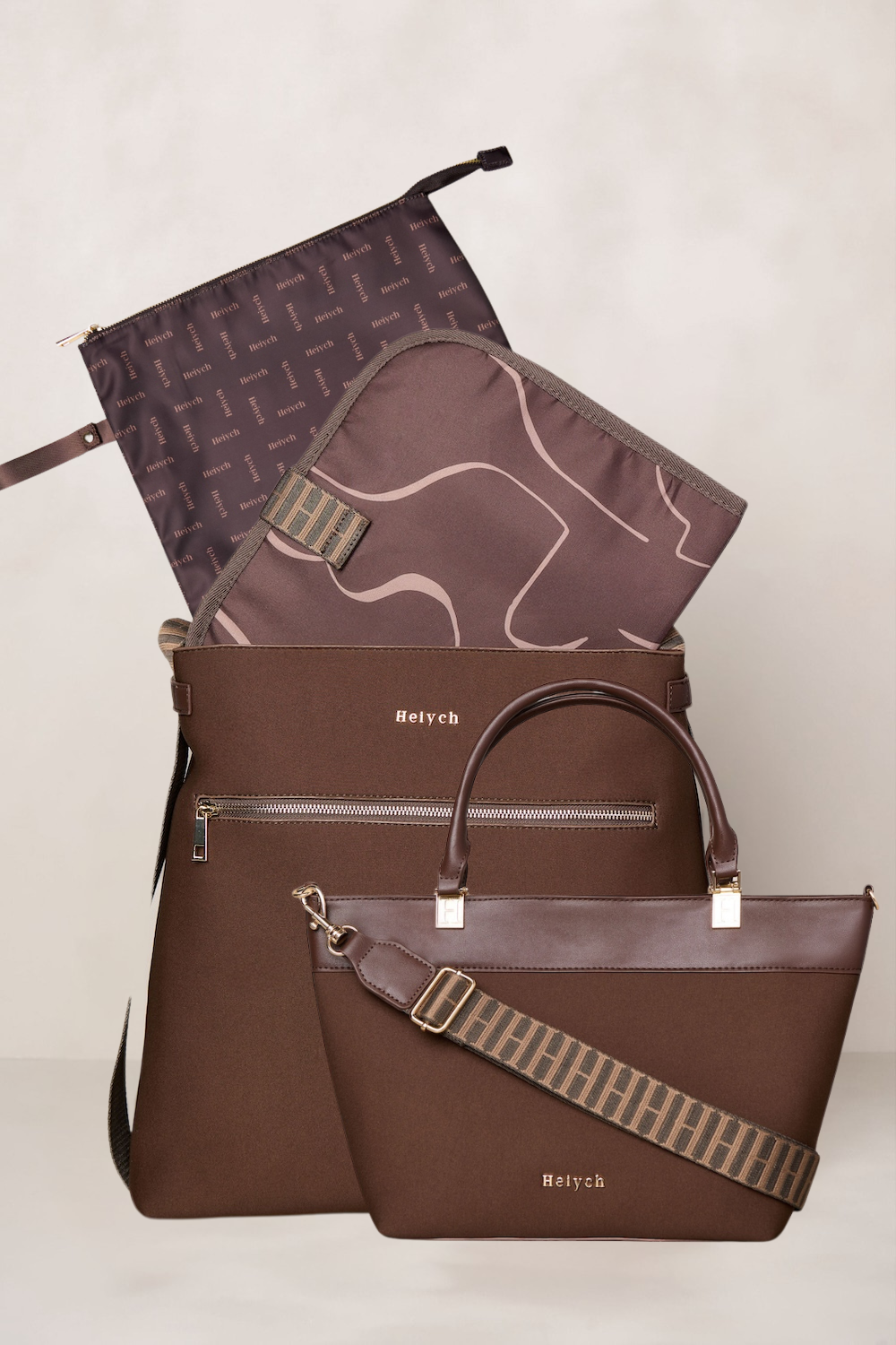 Chocolate Brown handbag with patterned lining on a light gray background