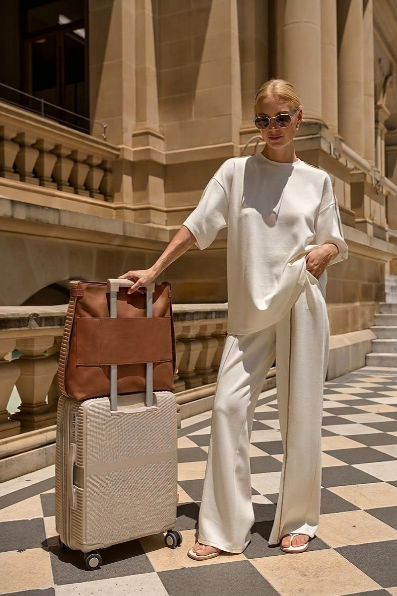 Woman in a white outfit standing next to a suitcase and cognac brown bag in an elegant building setting.