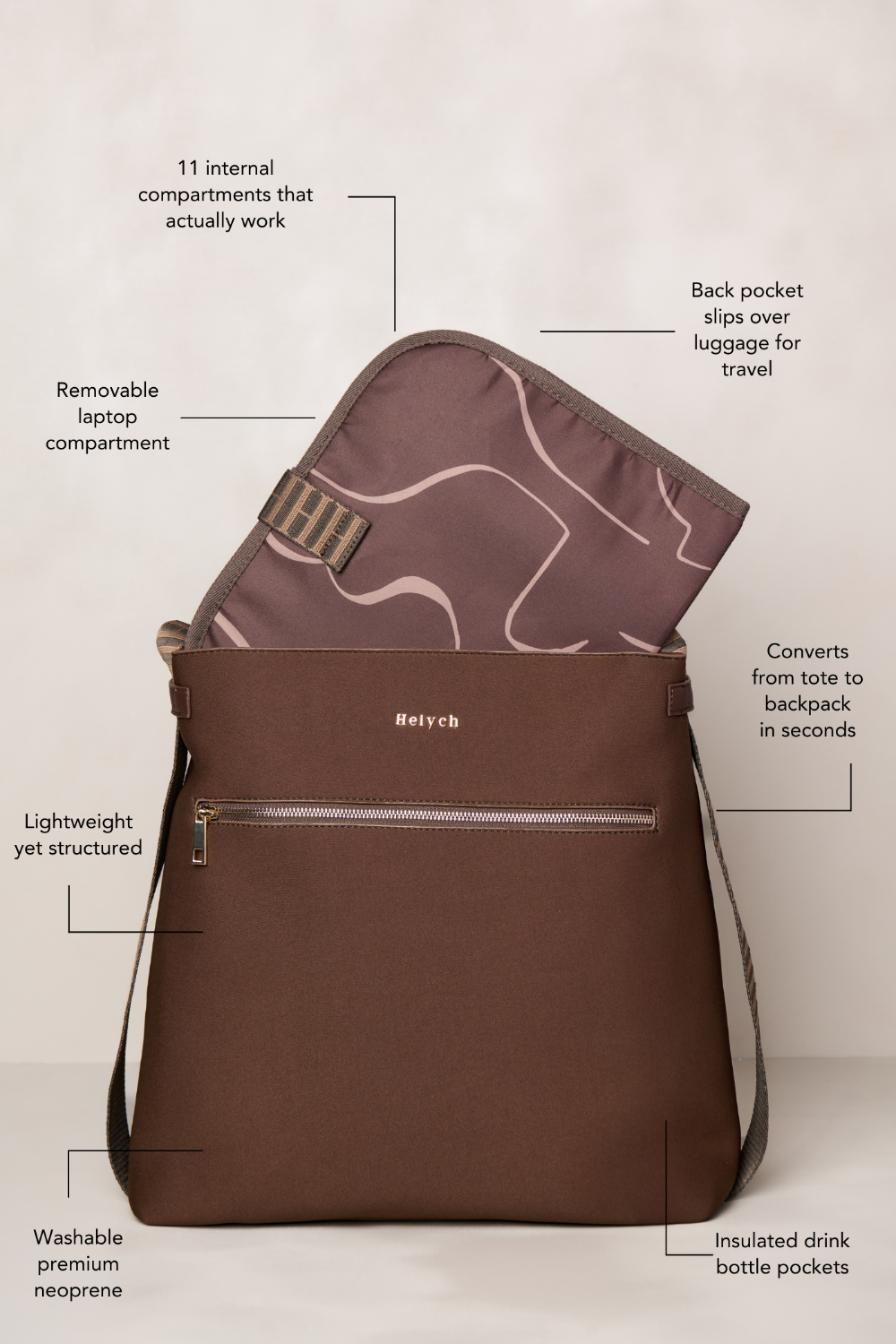 Chocolate brown convertible tote backpack bag in neoprene with gold hardware and fits 15" laptop