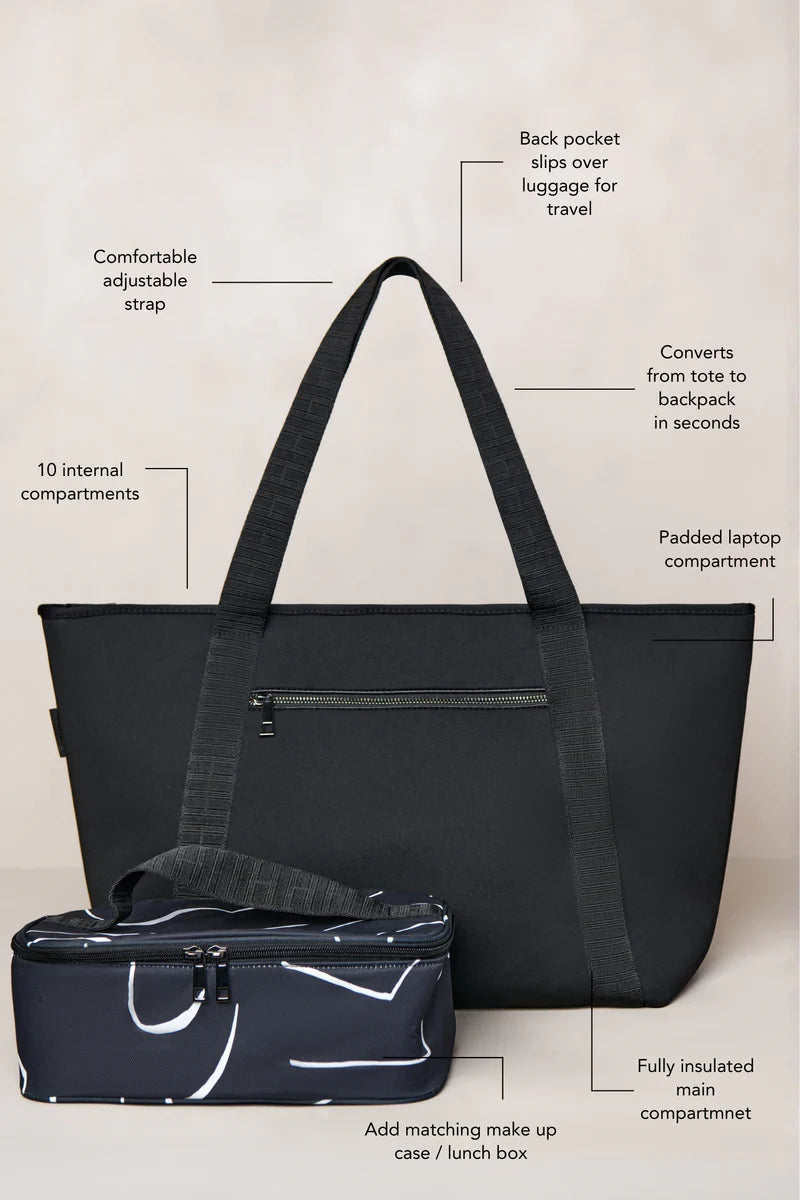 Black carry all womens convertible tote backpack bag in neoprene XL with adjustable straps