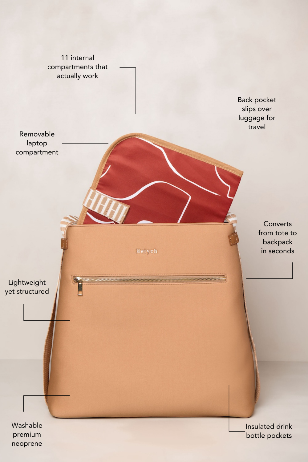 Tan convertible tote backpack bag in neoprene with gold hardware fits a laptop