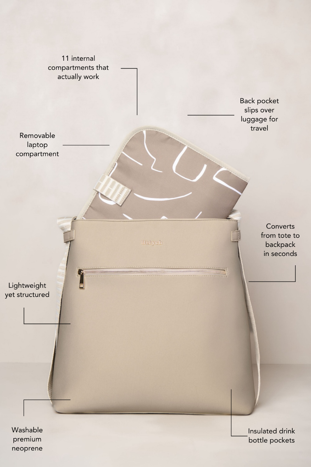 Taupe cream convertible tote backpack bag in neoprene with gold hardware fitting laptop