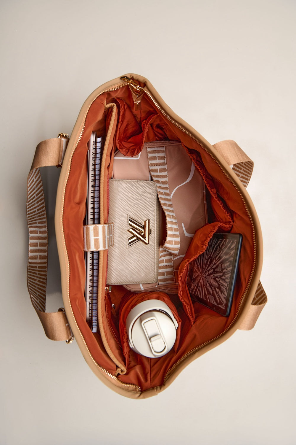 Tan carry all convertible tote backpack bag in neoprene XL with adjustable straps inside pockets laptop 