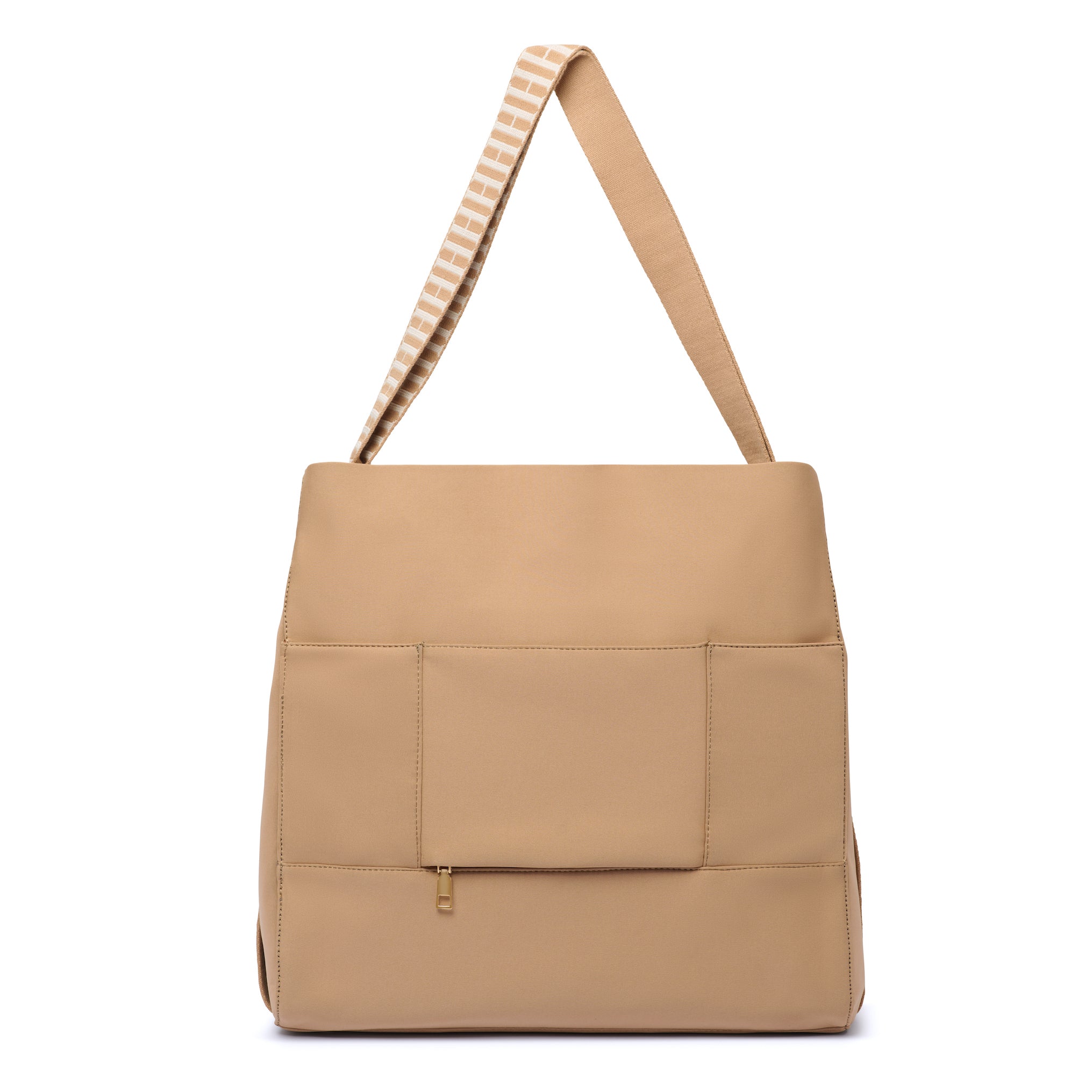 Back view of tan neoprene tote to backpack baby bag with zip to open luggage pass through band for over suitcase for travel