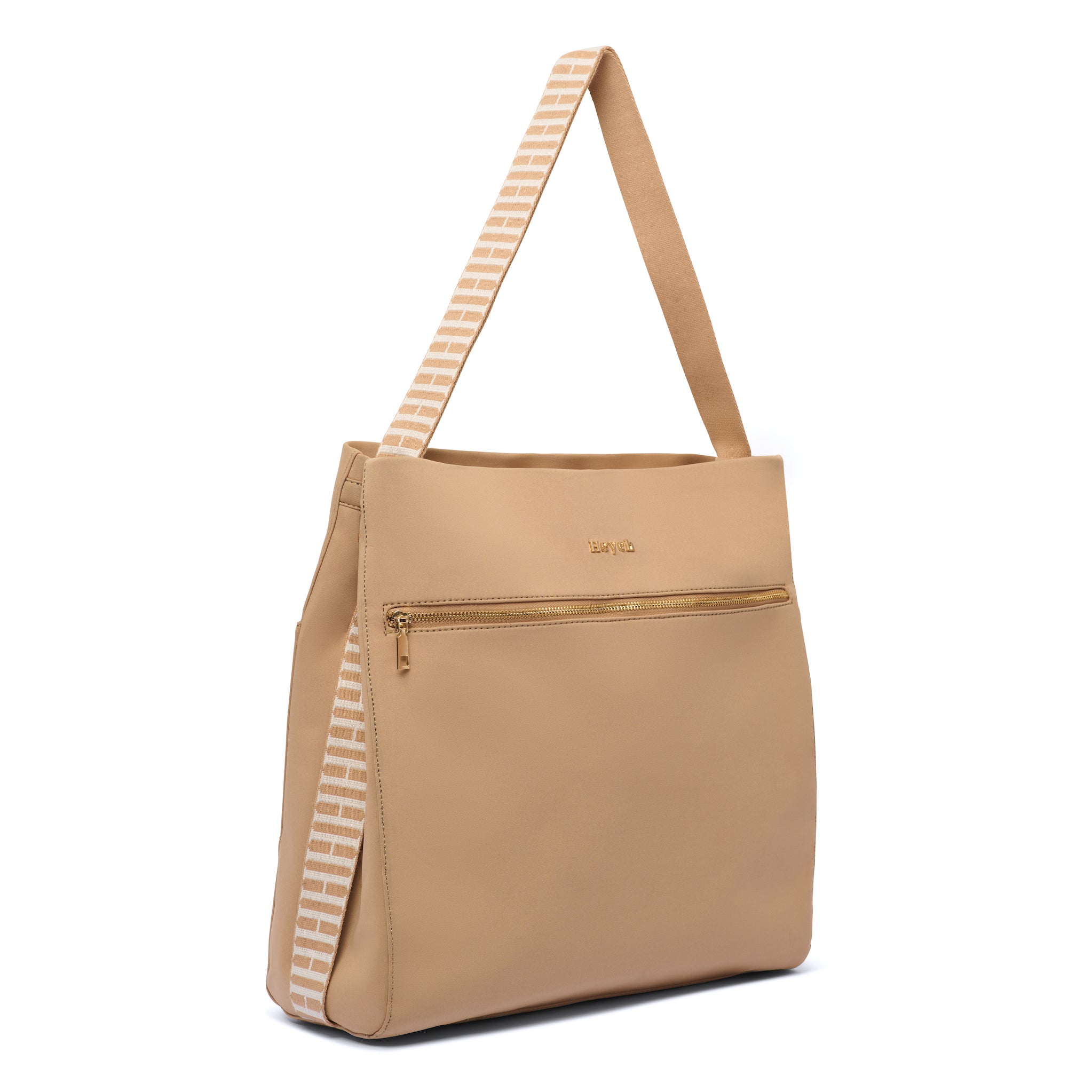 Light tan neoprene tote bag with branded cotton strap and metal zipper hardware.