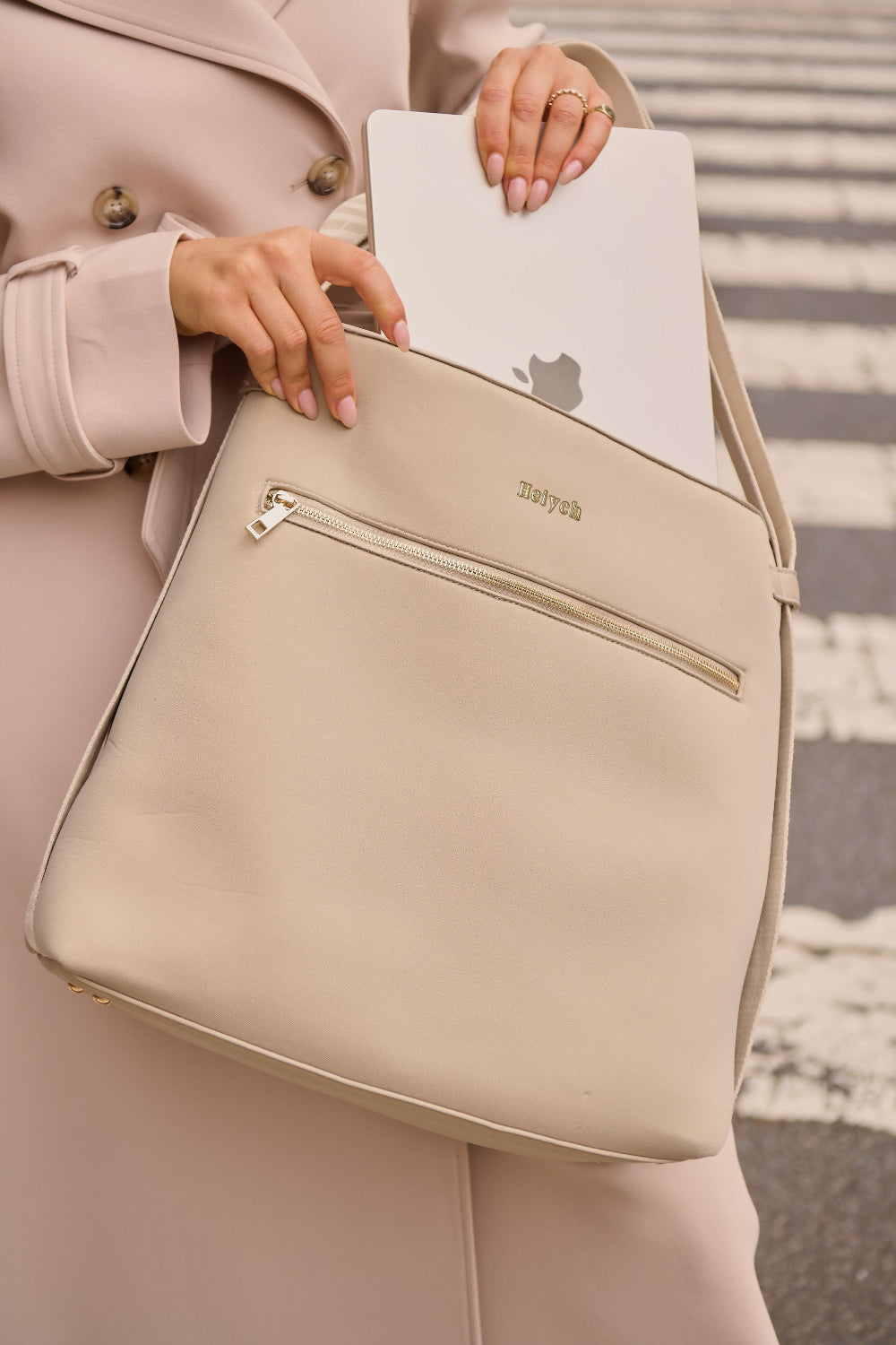 Taupe cream convertible tote backpack bag in neoprene with gold hardware laptop bag