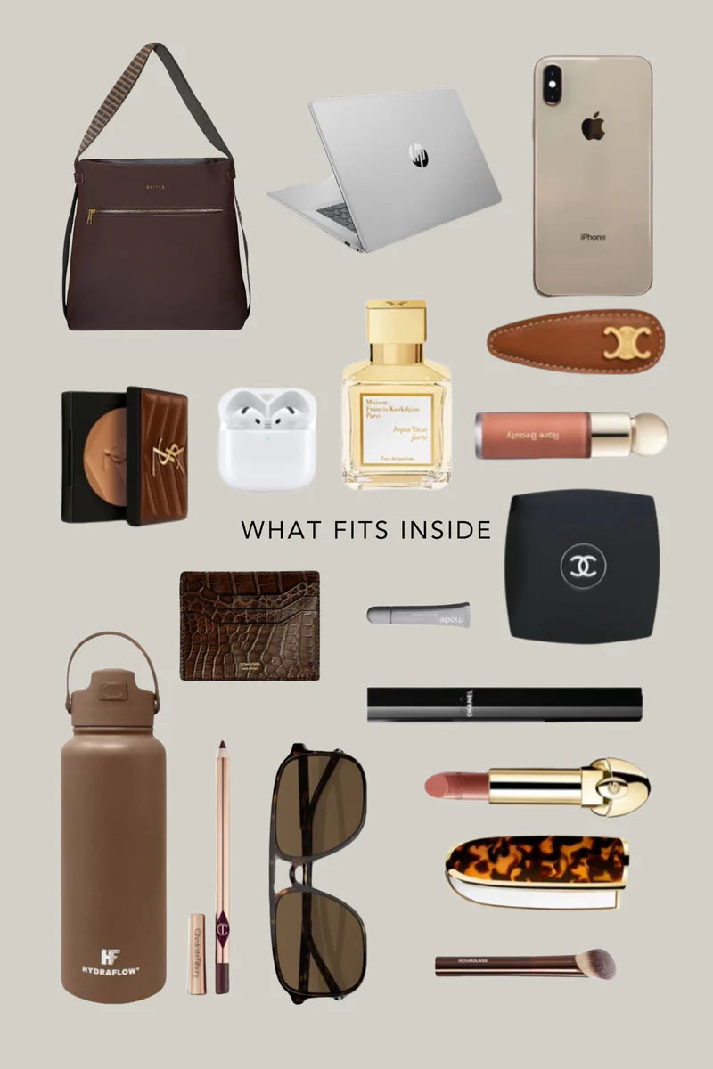 Chocolate brown bag with what fits inside