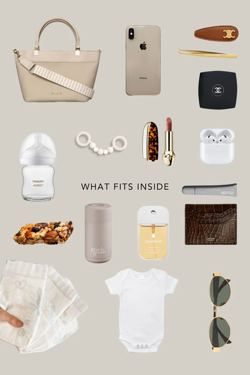 Taupe connect tote bag with what fits inside