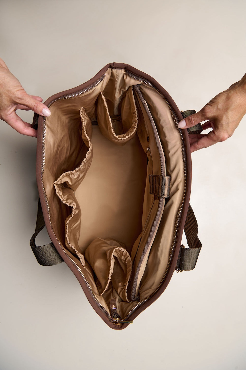 Chocolate brown carry all convertible tote backpack bag in neoprene XL with adjustable straps inside compartments