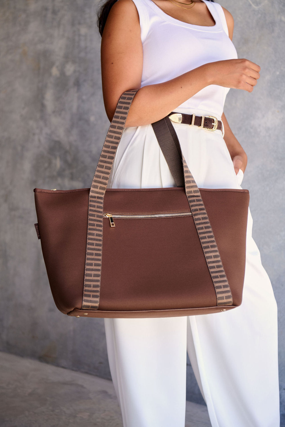 Chocolate brown carry all convertible tote backpack bag in neoprene XL with adjustable straps over shoulder