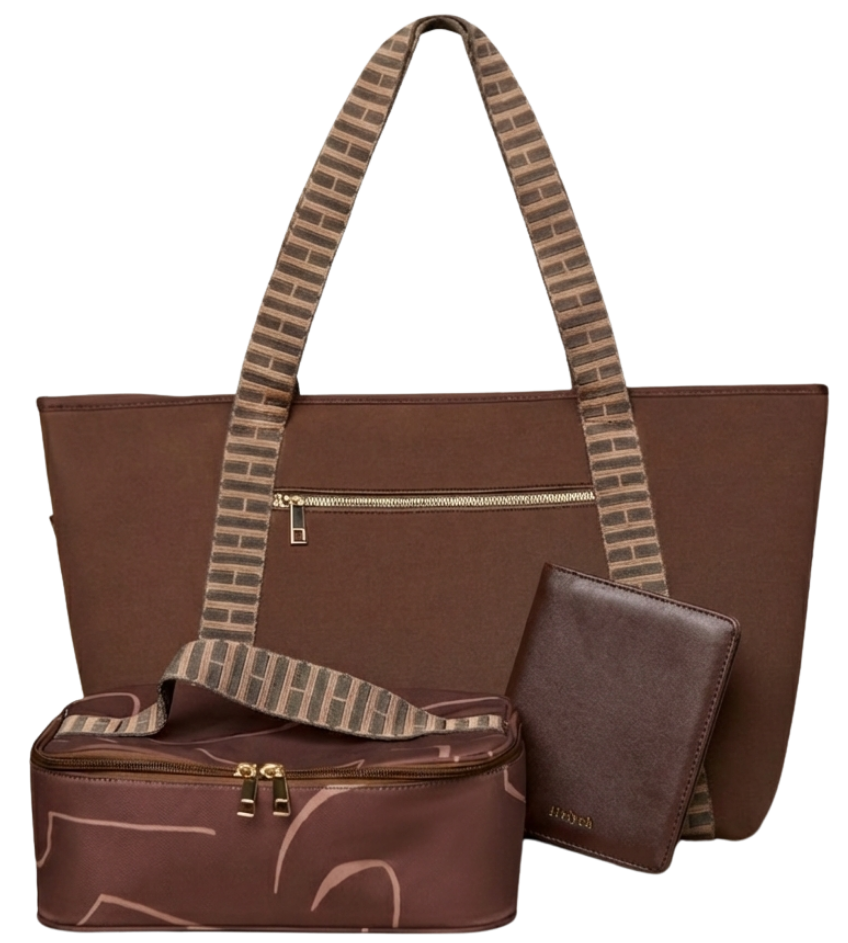 Brown tote bag with H handle and matching wallet on a white background
