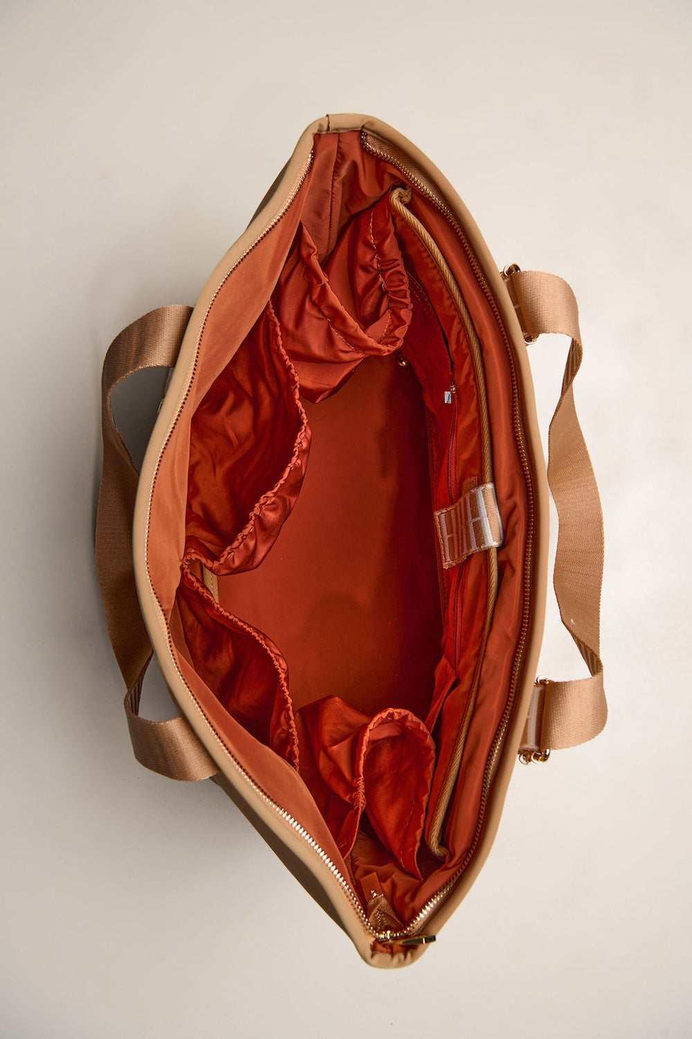 Tan carry all convertible tote backpack bag in neoprene XL with adjustable straps inside pockets