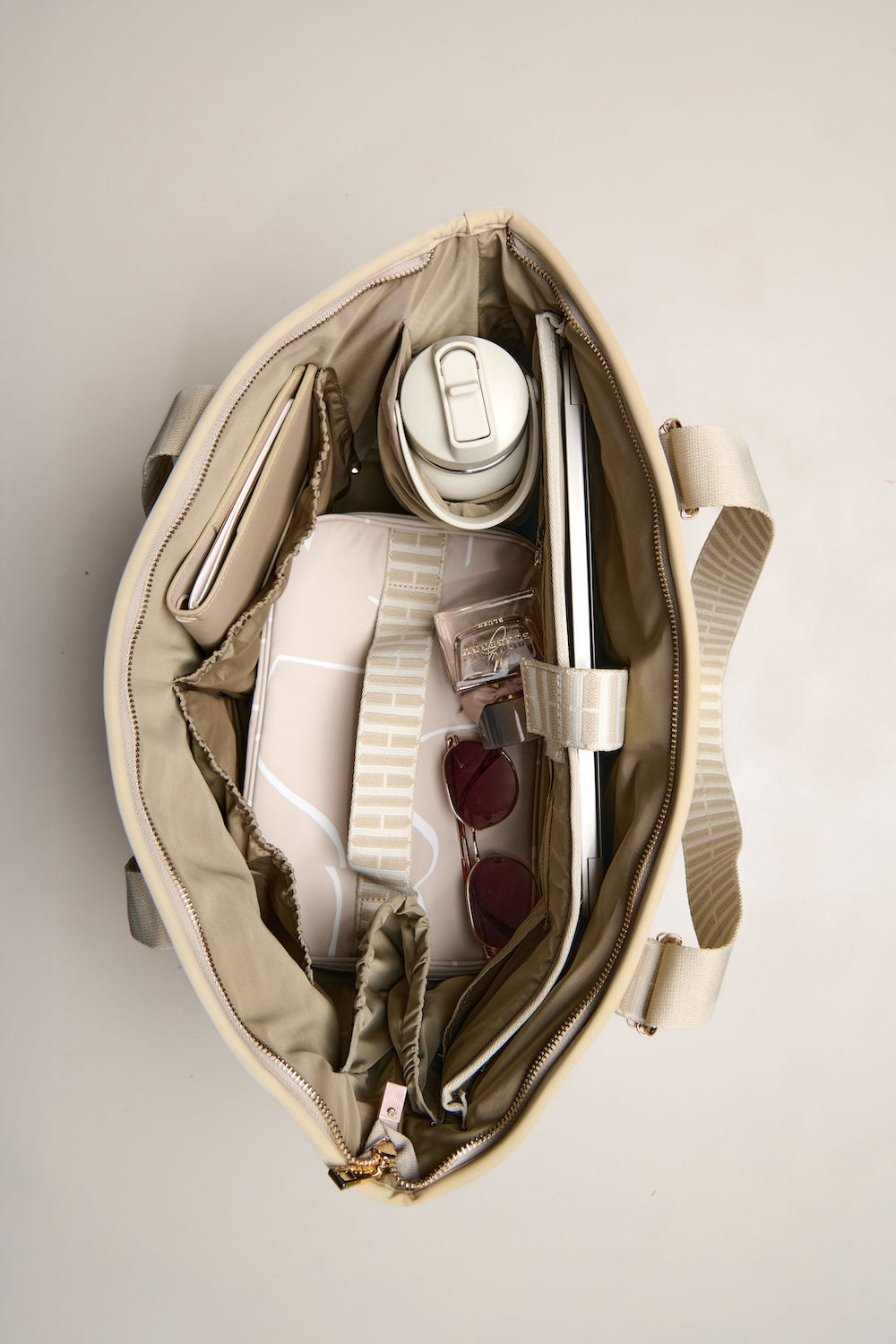 Taupe carry all bag compartments packed