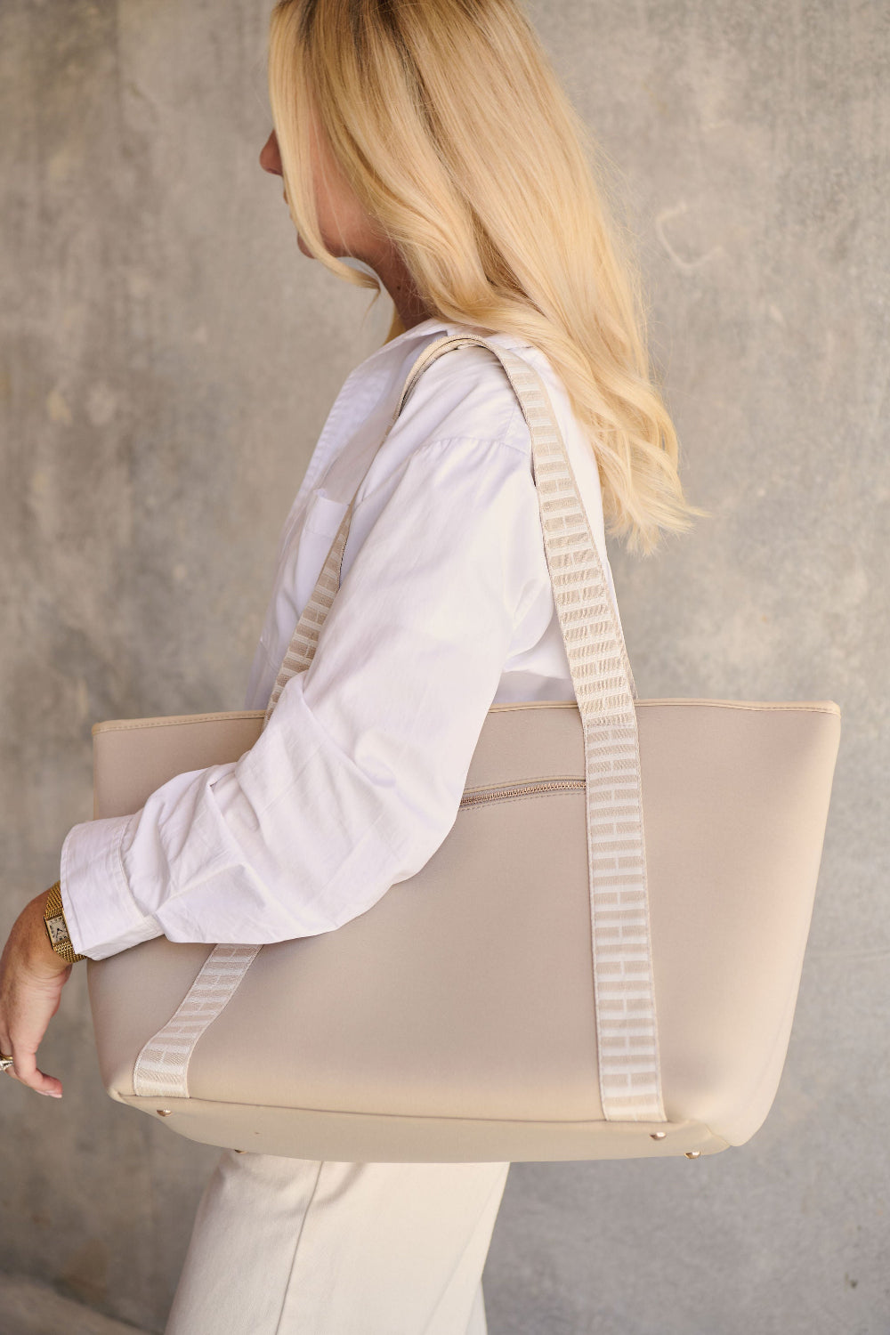 Taupe cream carry all convertible tote backpack bag in neoprene XL with adjustable straps over shoulder